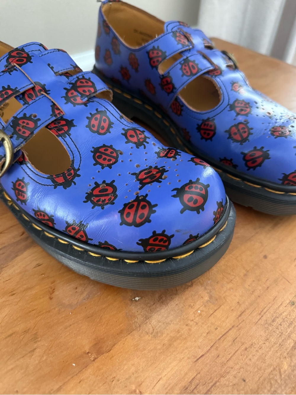 Dr. Martens Women’s Blue Leather Mary Jane Flats Ladybug Print Buckle Straps - Picture 6 of 7